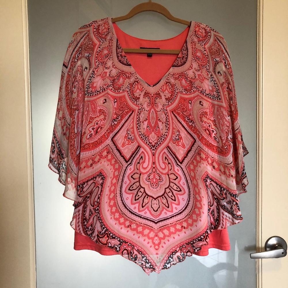 Sara Michelle Geometric Flowy Coral Blouse 2X